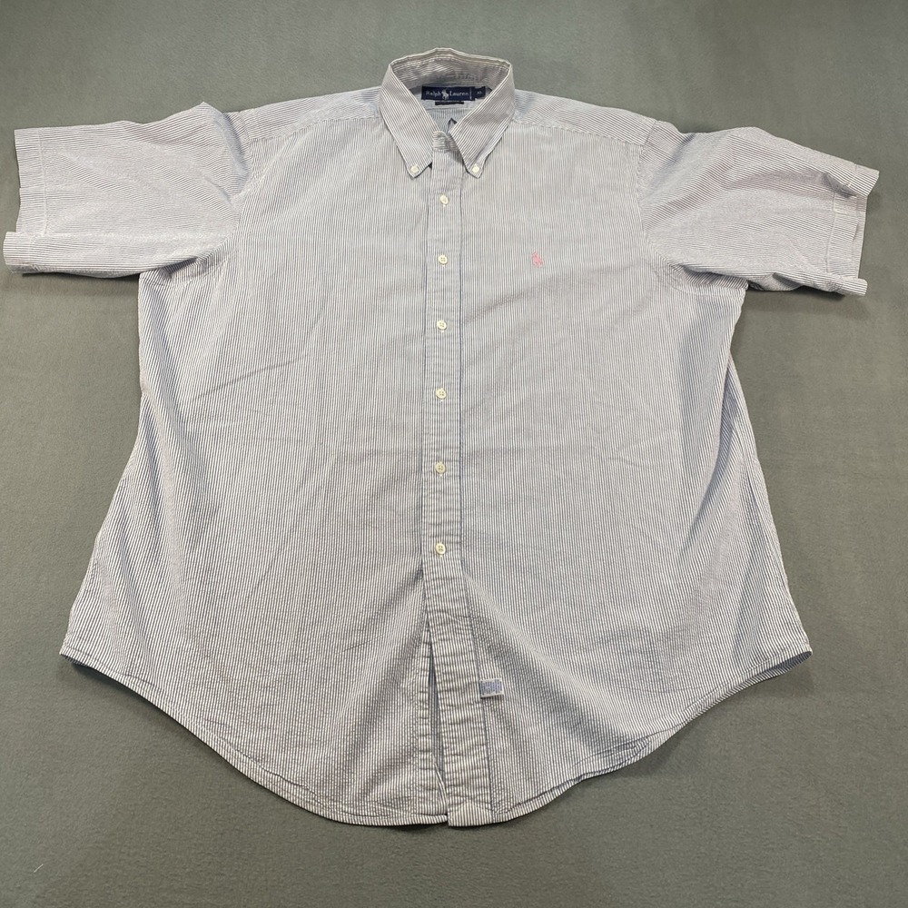 Ralph Lauren Seersucker Striped Mens SS Button Down Shirt XL Beach Coastal